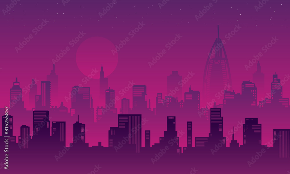 City Silhouette in background with purple colour