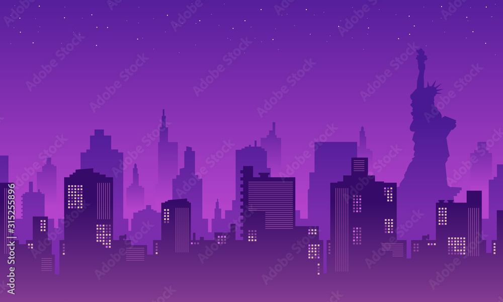 Fototapeta premium City Silhouette of Liberty Statue in the night