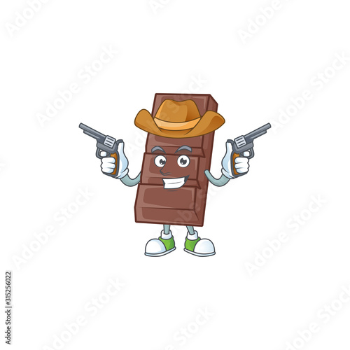 Confident chocolate bar Cowboy cartoon character holding guns