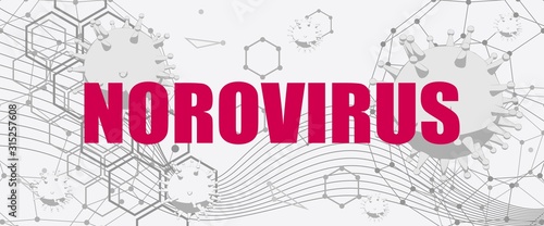 Norovirus virus stomach food problem graphic illustration. Abstract virus image on backdrop and norovirus text. Medical research theme. Virus epidemic alert photo
