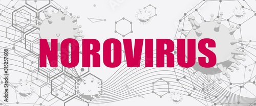 Norovirus virus stomach food problem graphic illustration. Abstract virus image on backdrop and norovirus text. Medical research theme. Virus epidemic alert