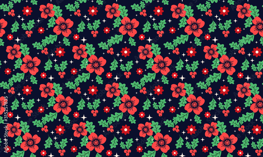 Cute Christmas flower pattern background, with beautiful leaf and red flower design.