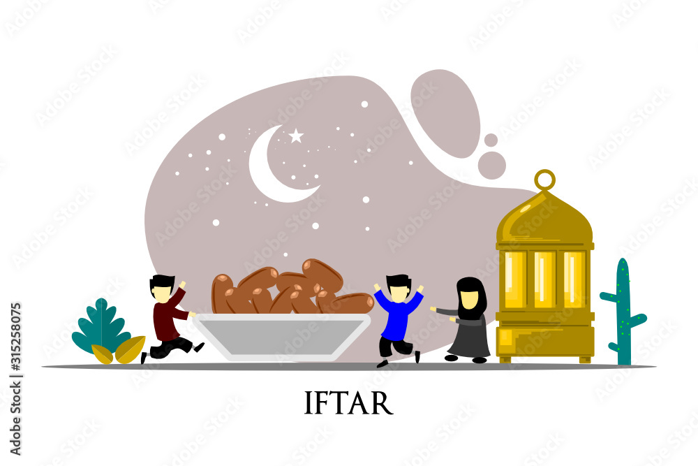 Fototapeta premium happy ramadan mubarak greeting illustration with cartoon character for poster, web landing page template, banner, presentation, social, and print media. islamic eid fitr or adha flat design vector.