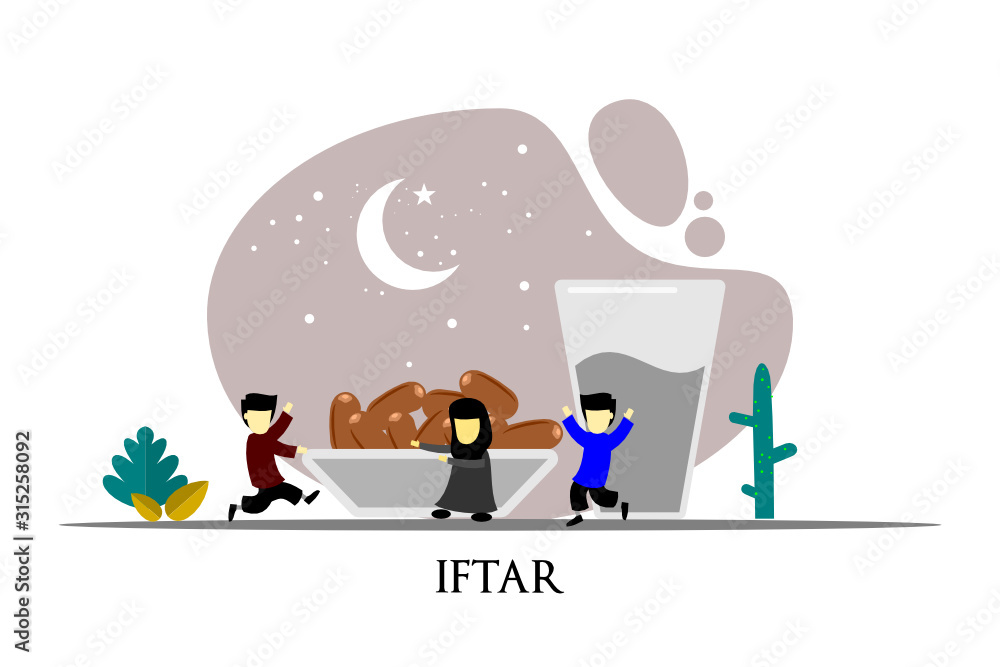 happy ramadan mubarak greeting illustration with cartoon character for poster, web landing page template, banner, presentation, social, and print media. islamic eid fitr or adha flat design vector.