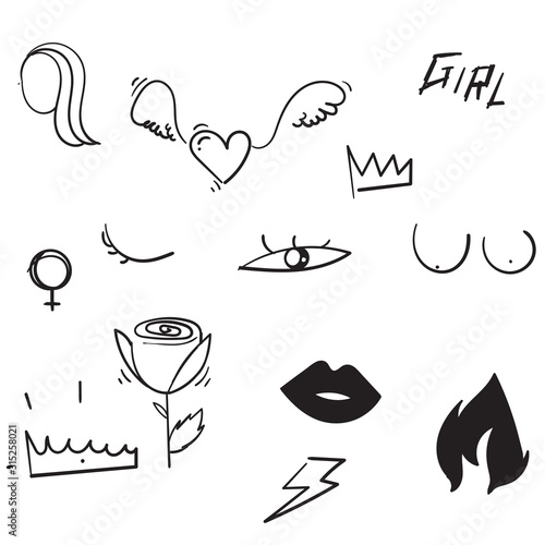 Set of doodle feminism elements and text. Feminist Female hand drawn brush graphic. Vector illustration. Girl power concept. isolated