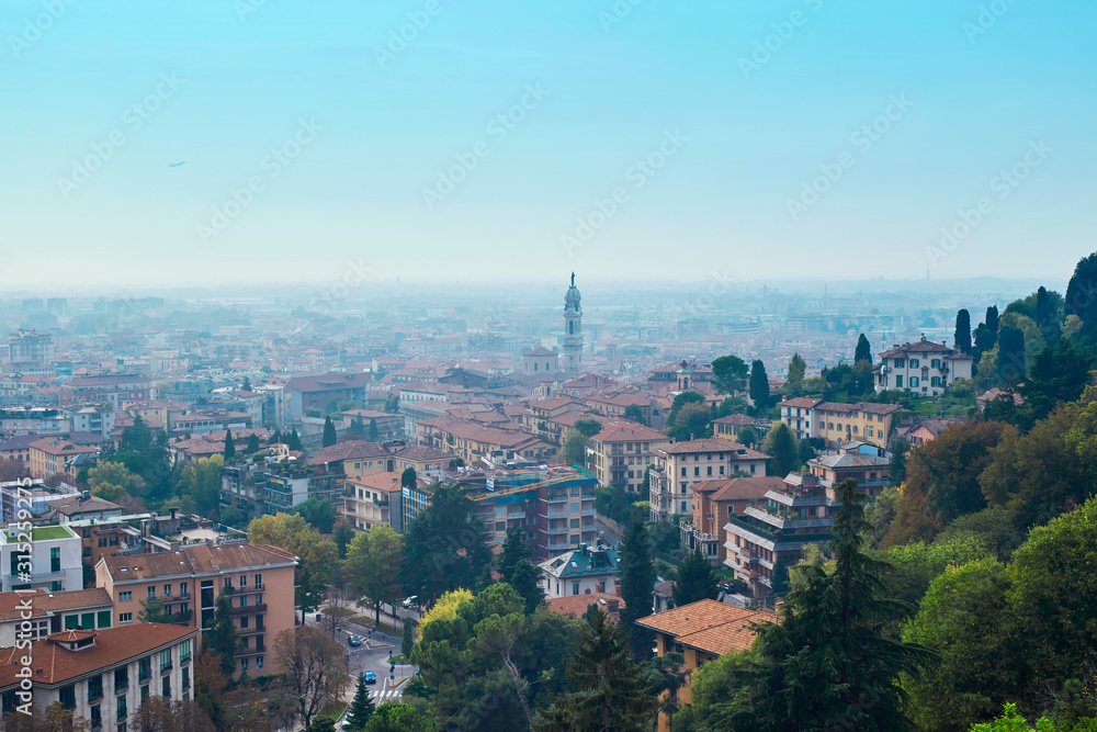 European aerial top down building bird's eye view of Bergamo city Italian landscape skyline.
