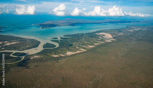 Aerial view and the landscape at the edge of Northern coast of Australia called Arafura sea in Northern Territory state of Australia.