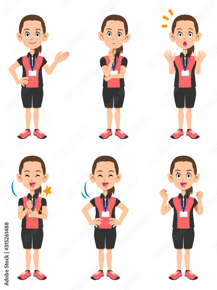 フィットネスクラブのインストラクターの女性の全身 6種類のポーズのセット Stock Vector Adobe Stock フィットネスクラブのインストラクターの女性の全身 6種類のポーズのセット Stock Vector Adobe Stock