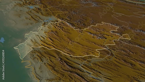 Kermanshah, province with its capital, zoomed and extruded on the relief map of Iran in the conformal Stereographic projection. Animation 3D photo