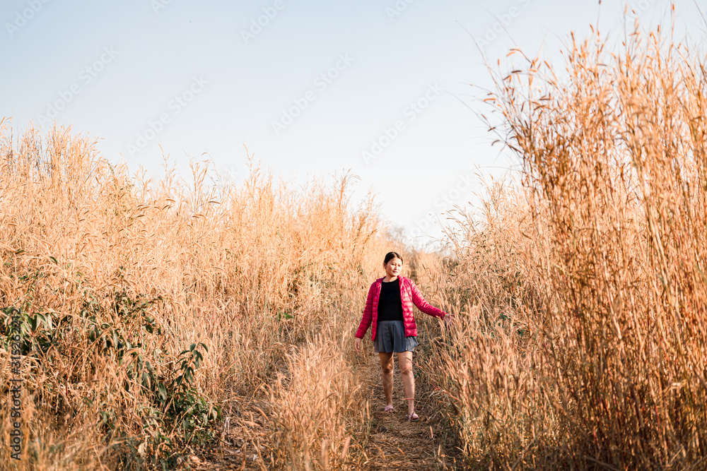 A girl walking on a mountain of brown grass