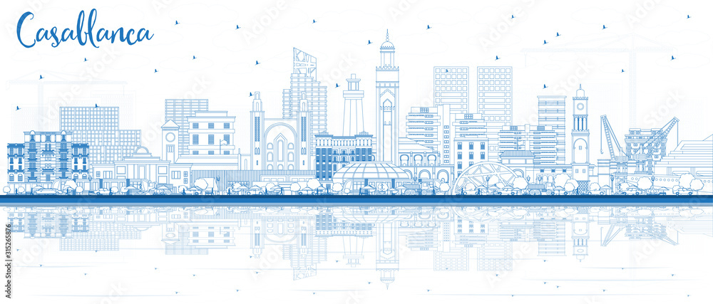 Outline Casablanca Morocco City Skyline with Blue Buildings and Reflections.