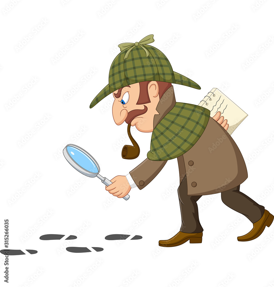 Cartoon of a detective investigate following footprints Cartoon of a detective investigate following footprints