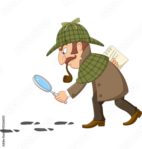 Cartoon of a detective investigate following footprints