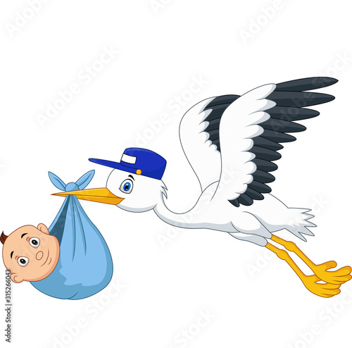 Cartoon stork flying bird carrying a newborn