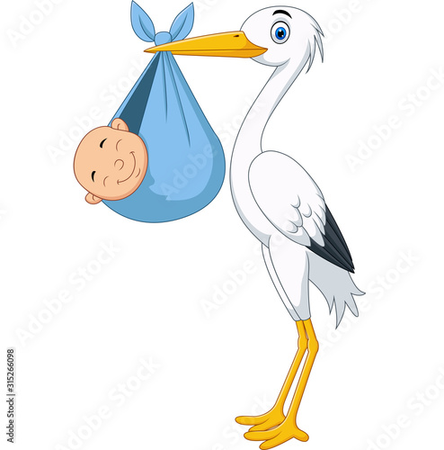 Cartoon stork carrying a newborn