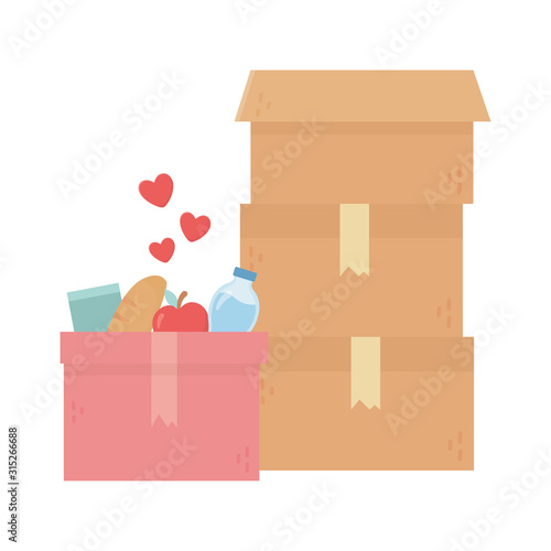 stacked cardboard boxes food charity and donation concept