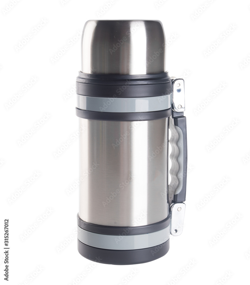 Thermo or Thermo flask from stainless steel on background new. Thermo or Thermo flask from stainless steel on background new.