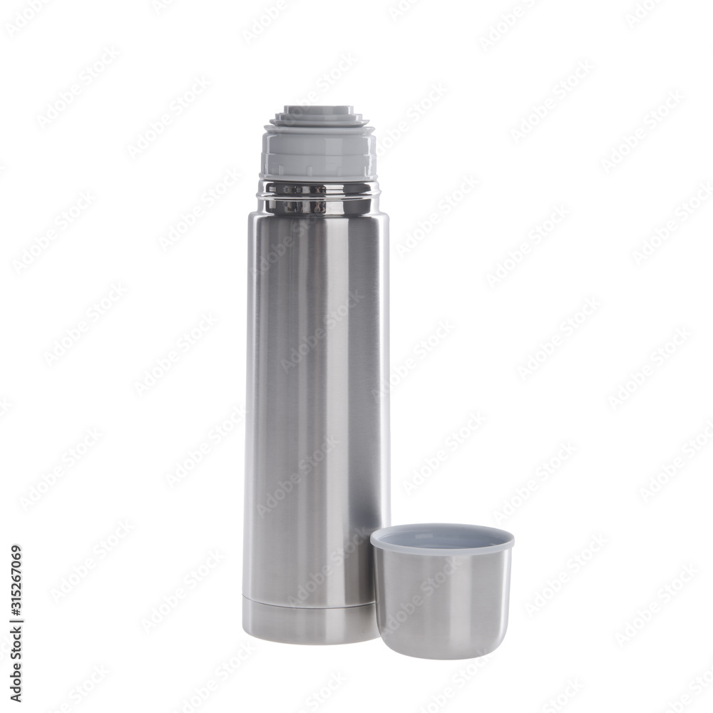 Thermo or Thermo flask from stainless steel on background new. Thermo or Thermo flask from stainless steel on background new.