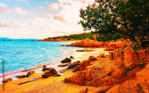 Landscape with Romantic morning at Capriccioli Beach in of the Mediterranean sea on Sardinia island in Italy. Sky with clouds. Porto Cervo and Olbia province. Mixed media. photo