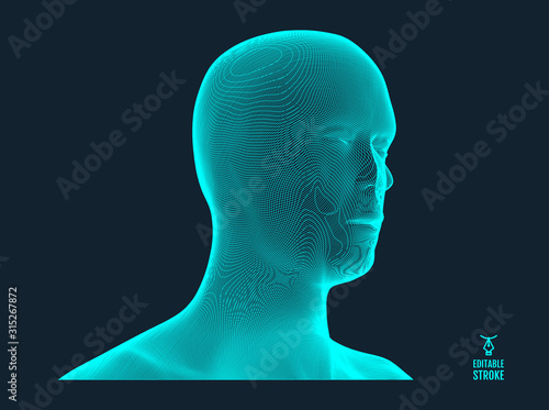 3d human face created in grid style. Artificial intelligence concept. Digital technology background. Vector illustration.