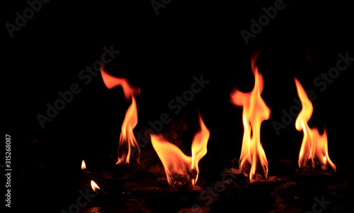 burning fire in night.The holy fire used for the offering during a ritual 