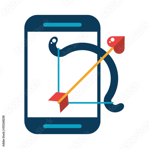 happy valentines day arch and arrow with smartphone