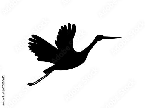 Stork logo silhouette. Black bird flying isolated on white. Symbol for news, delivery, pregnancy, baby shower.