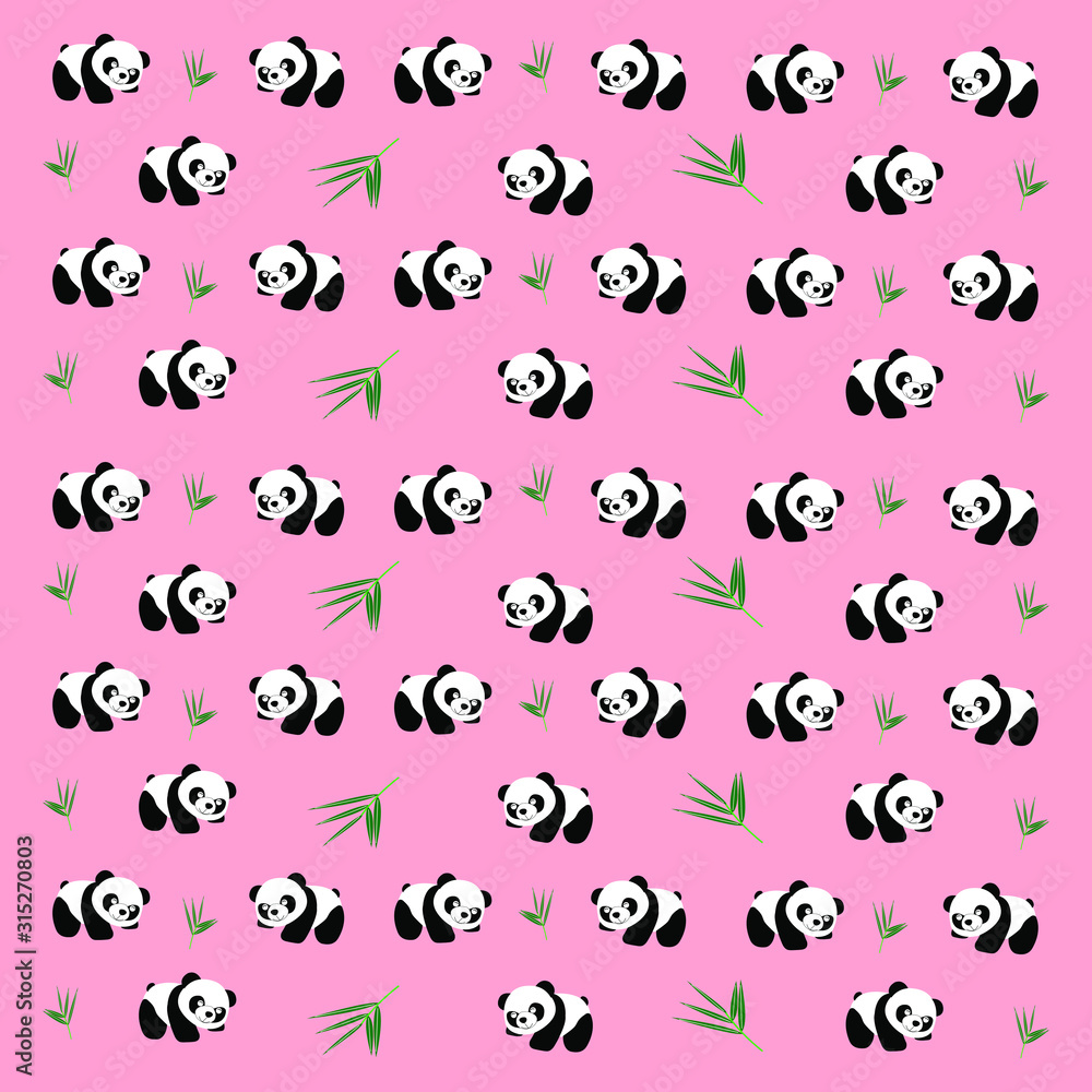 Group of cartoon panda and bamboo leaf isolated on pink background.