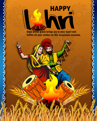 Punjabi harvest festival of lohri celebration bonfire background with wishes of Happy Lohri © mona_
