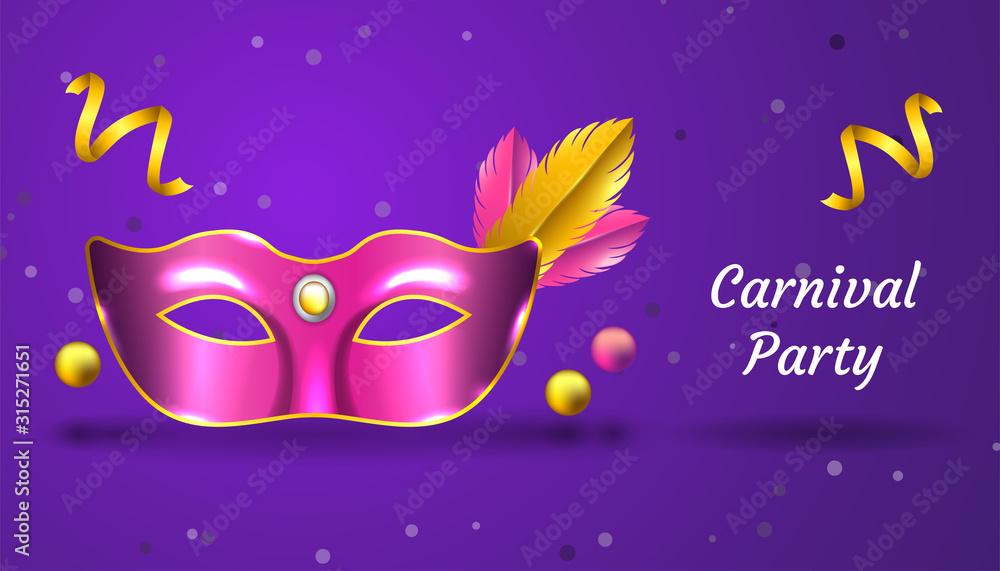 Fototapeta premium Carnival Party background with 3d realistic mask, ribbon and feather, in pink and gold color