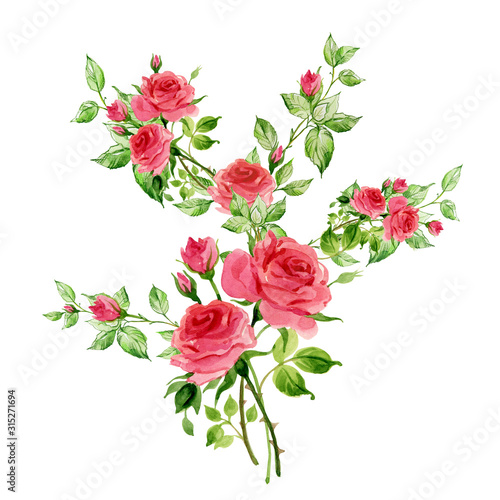 Flower watercolor composition with rose buds and leaves
