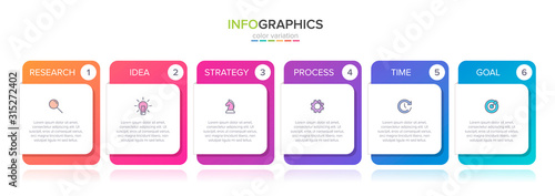Concept of arrow business model with 6 successive steps. Six colorful graphic elements. Timeline design for brochure, presentation. Infographic design layout