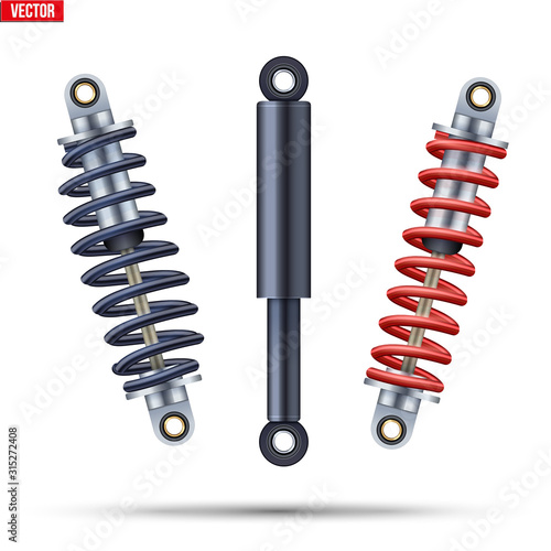 Set ofShock Absorber of Car Suspension. Machine part closeup equipment. Vector Illustration isolated on white background.