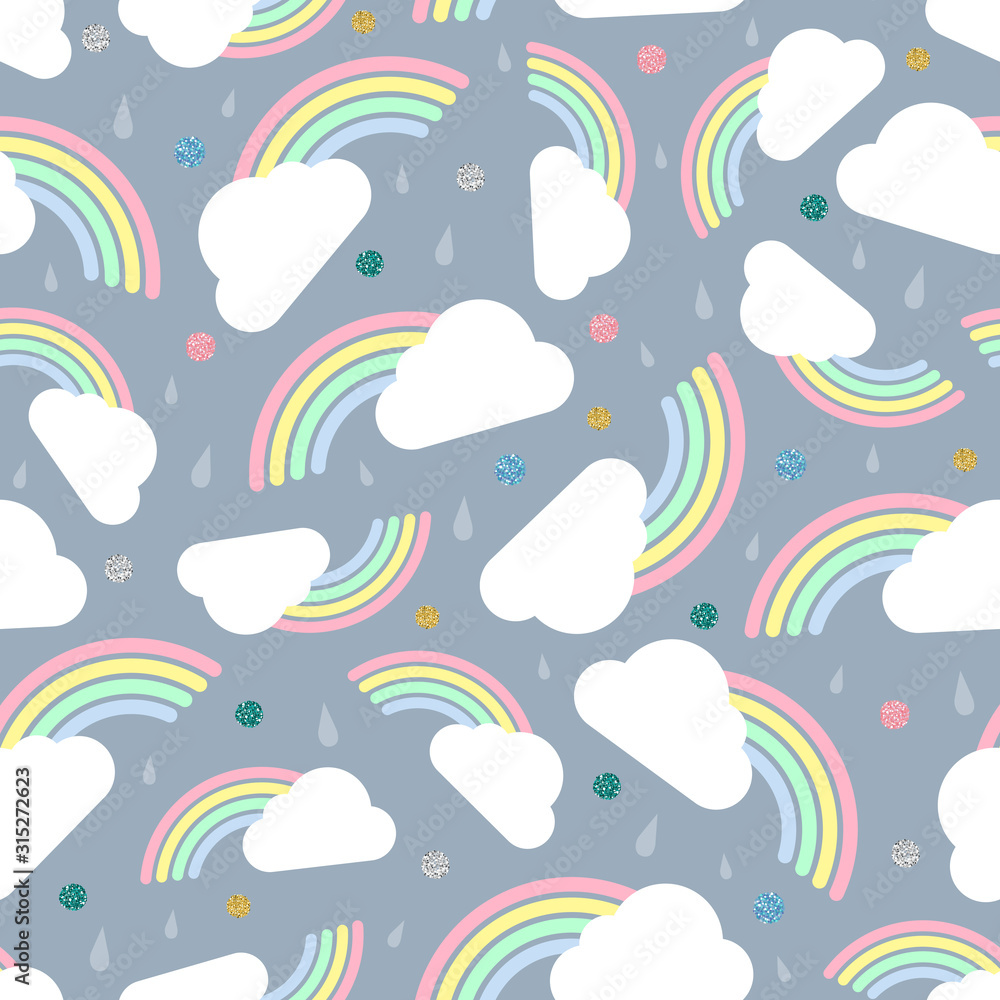 seamless colorful rainbow and cloud with colorful dot glitter pattern on blue background