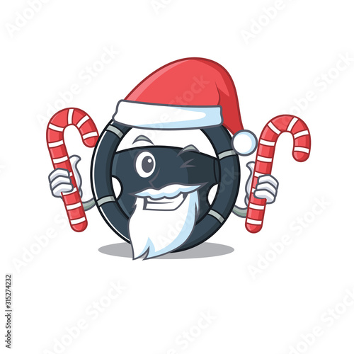 Car steering Cartoon character in Santa costume with candy