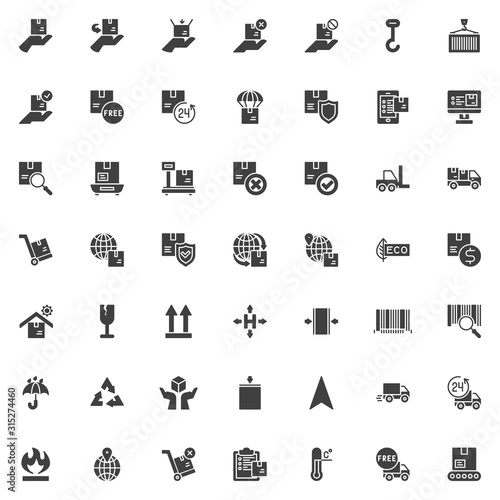 Cargo logistics vector icons set, Parcel shipping modern solid symbol collection filled style pictogram pack. Signs logo illustration. Set includes icons as order tracking, package weighing, container