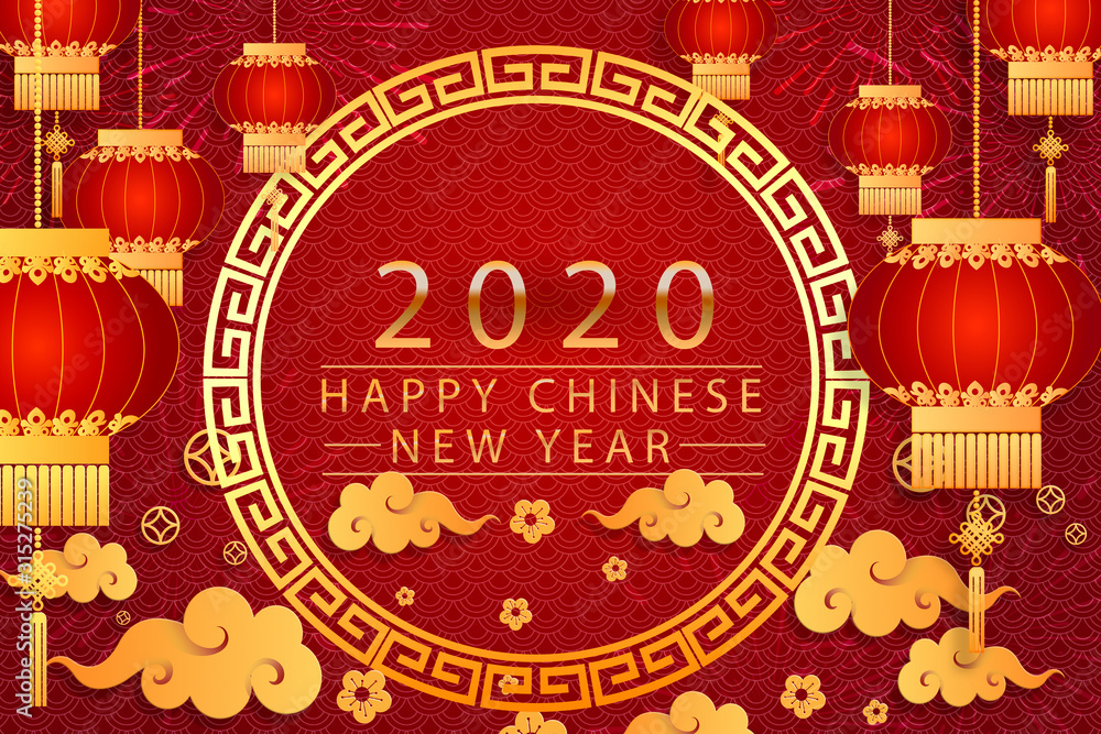 Naklejka premium Happy Chinese new year card. Red background with traditional Asian lanterns . For greetings card, flyers, invitation, posters, brochure, banners, calendar