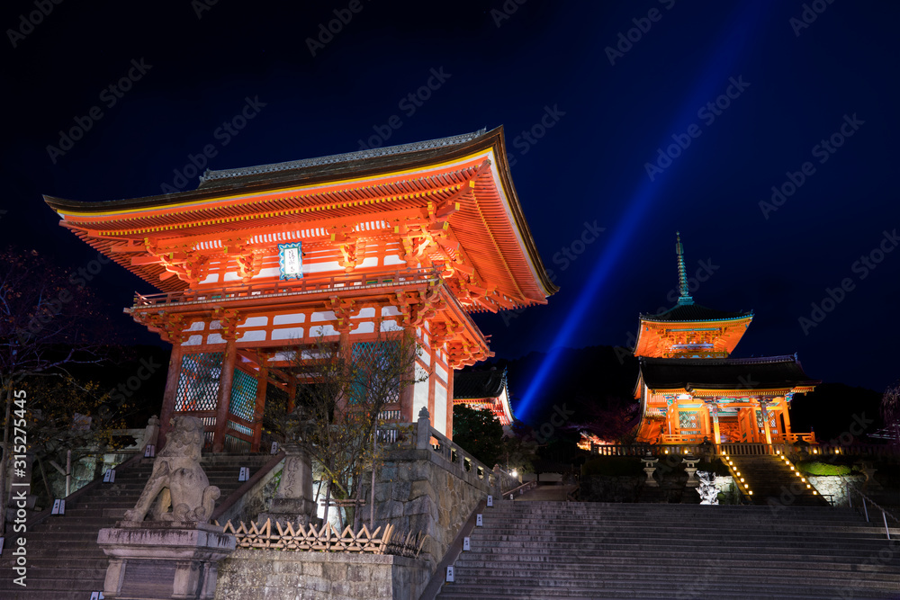 Fototapeta premium 京都 清水寺の仁王門と西門と三重塔 夜景