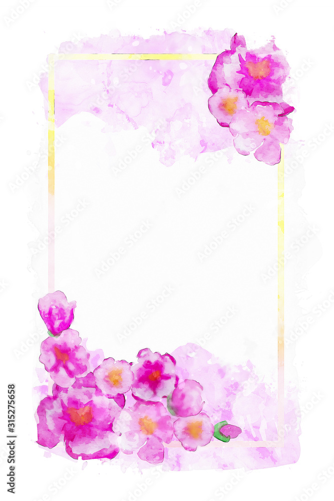 Watercolor painting of cherry blossom with frame, flower image for background