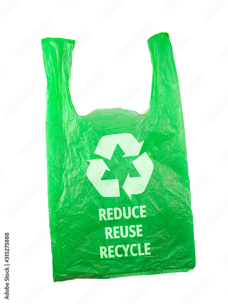 Plastic bag with Recycle sign logo and words REDUCE REUSE RECYCLE on white blackground, eco friendly concept Plastic bag with Recycle sign logo and words REDUCE REUSE RECYCLE on white blackground, eco friendly concept