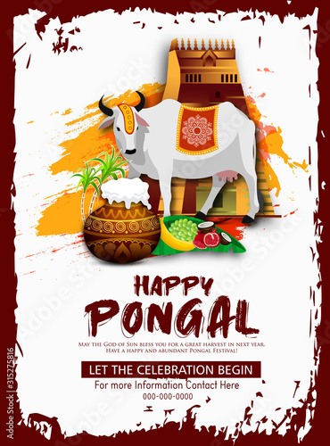 South Indian harvest festival, Happy Pongal celebrations banner or poster design with religious offerings and traditional pot.