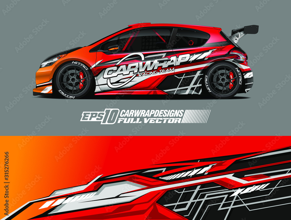 Fototapeta premium Car wrap design vector. Graphic abstract stripe racing background designs for wrap cargo van, race car, pickup truck, adventure vehicle. Eps 10