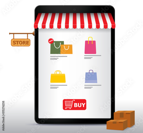 Online Shopping on Tablet Computer and Application Vector Illustration. E-Commerce and Digital Marketing Concept.