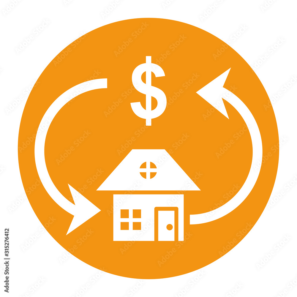 house front facade with money symbol and arrows house front facade with money symbol and arrows