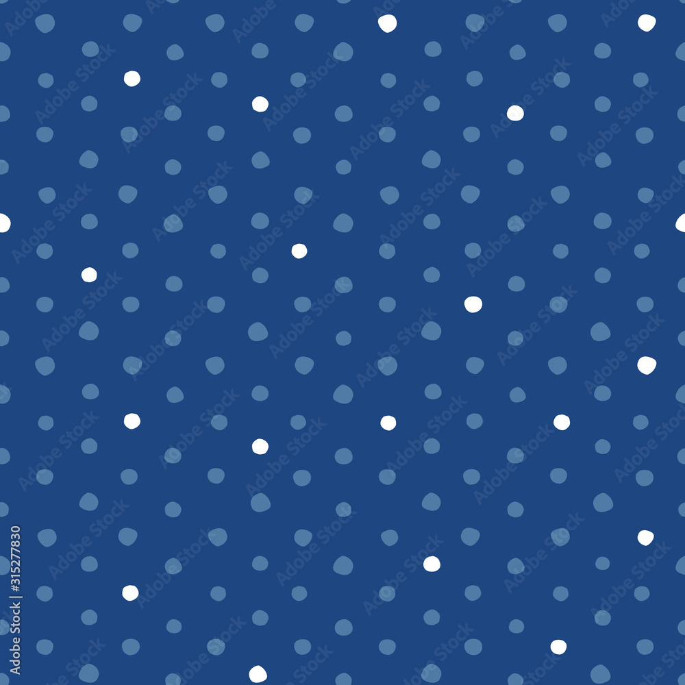 Blue and white irregular polka dots vector seamless pattern.