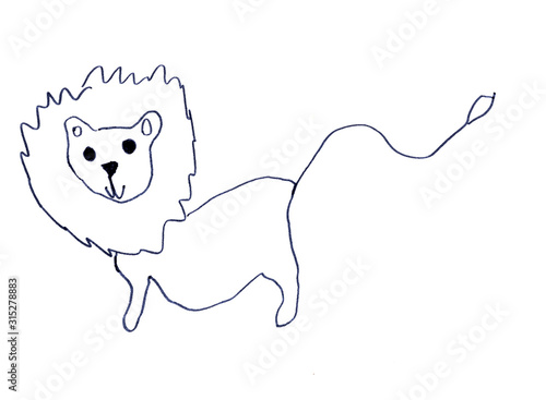 linear black and white children`s drawing of a lion on a white background