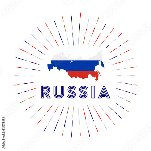 Russia sunburst badge. The country sign with a map of Russia with the Russian flag. Colorful rays around the logo. Vector illustration.