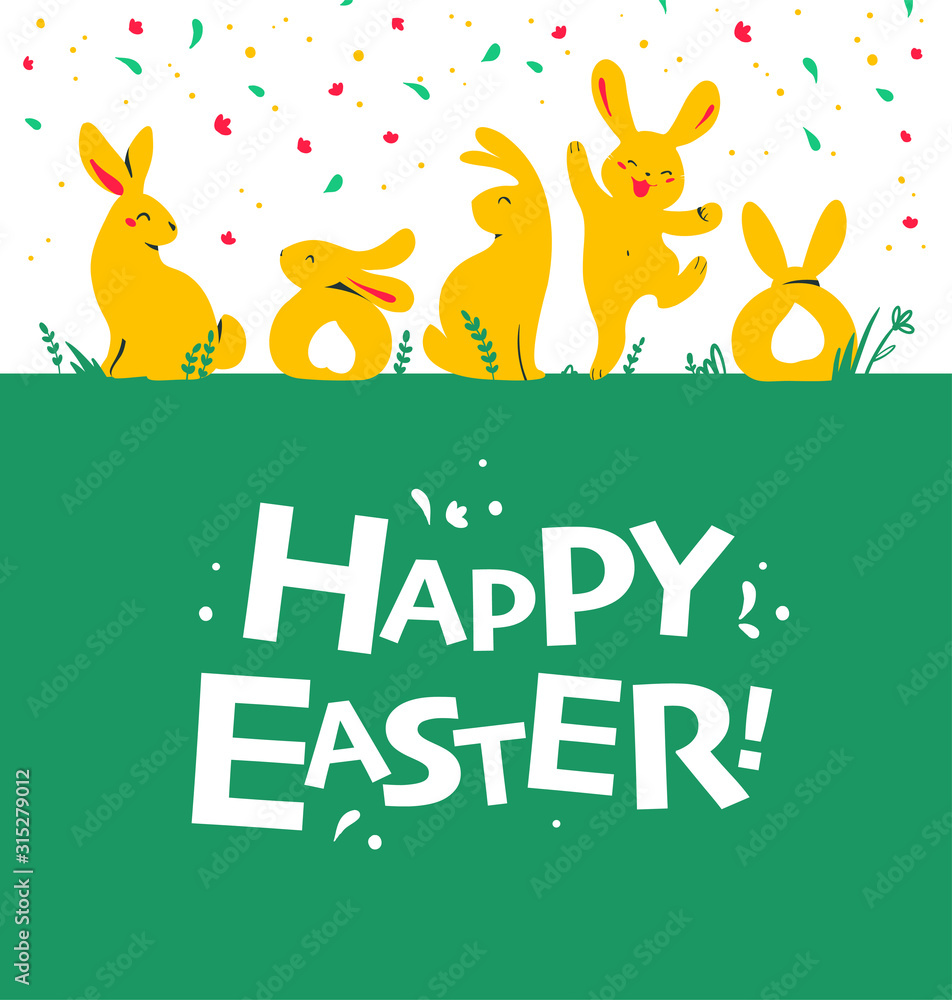 Easter card design with bunny characters sitting, jumping, smiling isolated on green grass. Typography greeting. For holiday cards, prints, banner design decor etc. Flat style, vector illustration. Easter card design with bunny characters sitting, jumping, smiling isolated on green grass. Typography greeting. For holiday cards, prints, banner design decor etc. Flat style, vector illustration.