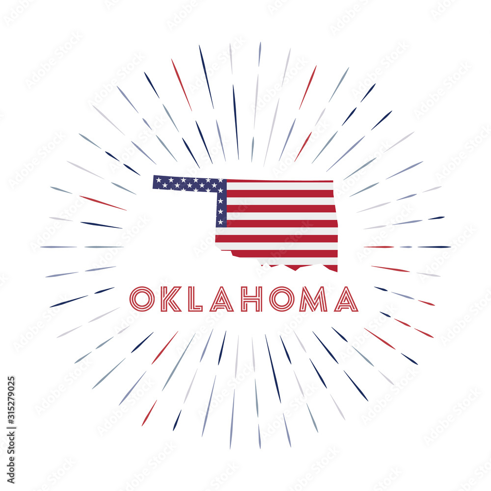 Obraz premium Oklahoma sunburst badge. The US state sign with a map of Oklahoma with the American flag. Colorful rays around the logo. Vector illustration.