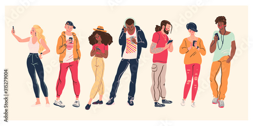 Portrait of group of young teens in stylish clothes with smartphones taking photo, making selfie, texting and surfing in internet isolated on white background. Vector flat illustration.